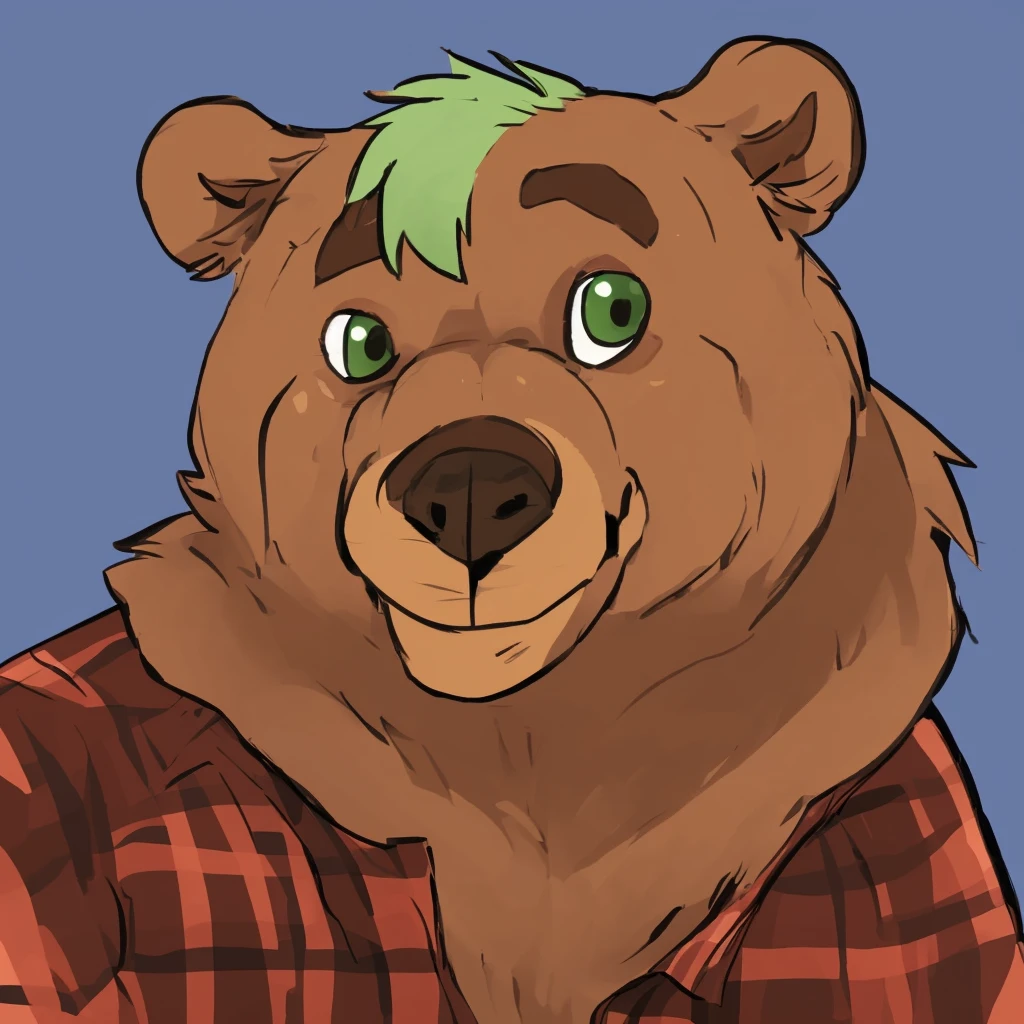 a anthropomorphic and muscular grizzly bear with green hair, closed smile, dressed with a lumberjack shirt, high quality furry art, cute.