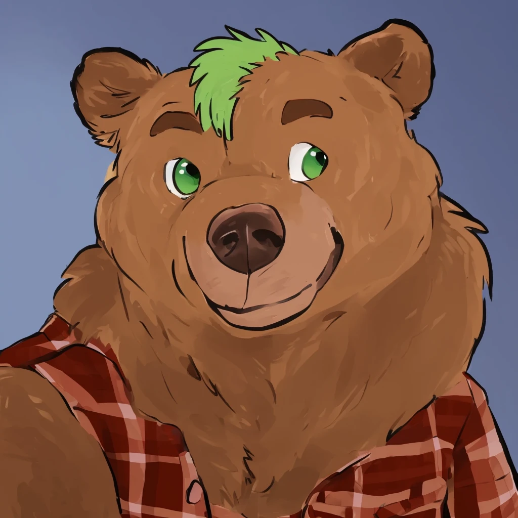 a anthropomorphic and muscular grizzly bear with green hair, closed smile, dressed with a lumberjack shirt, high quality furry art, cute.