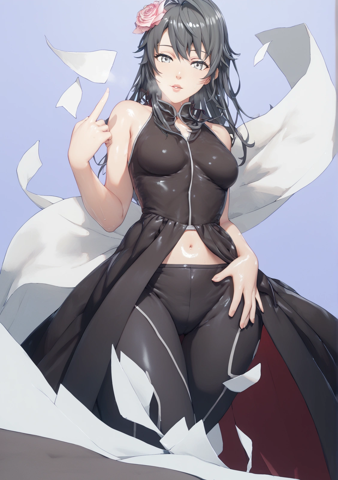 score_9, score_8_up, score_7_up, score_6_up, uncensored, yukinoshita yukino, black hair, long hair, grey eyes, (small breasts:1.3), naughty face, shiny skin, sweating, steaming body, heavy breathing, BREAK (masterpiece:1.2), best quality, high resolution, unity 8k wallpaper, (illustration:0.8), (detailed eyes:1.3), extremely detailed face, perfect lighting, extremely detailed CG, (perfect hands, perfect anatomy), looking at viewer, 1girl, flower, breasts, paper, navel, white_flower, hand_on_hip, solo, bare_shoulders, parted_lips, thigh_gap, index_finger_raised, blue_background, rose, sleeveless, looking_at_viewer