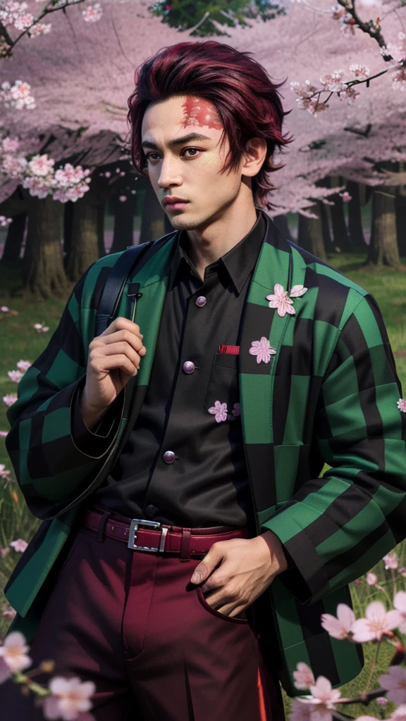 (Tanjiro), (Scar, Scar on forehead, Checkered Clothes, man, Red Hair:1.2), ((OriginalOutfit)), (green and black checkered jacket, black shirt, black baggy pants:1.2), (male), (cherry blossom forest background, forest, grass, cherry blossom flowers:1.5), (realistic:1.2), (masterpiece:1.2), (full-body-shot:1),(Cowboy-shot:1.2), neon lighting, dark romantic lighting, (highly detailed:1.2),(detailed face:1.2), (gradients), colorful, detailed eyes, (natural lighting:1.2), (dynamic pose:1.2), (solo, one person, 1girl:1.5),