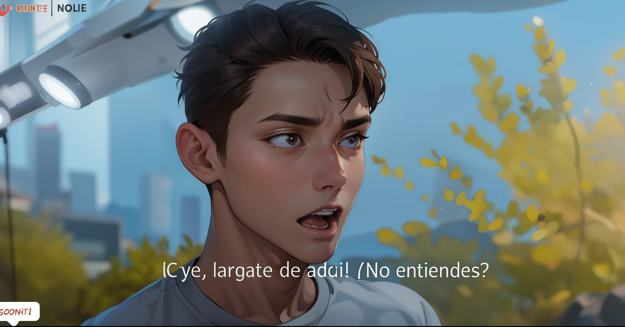 He is talking, he opens his mouth, he is scared and he is surprised, he asks for forgiveness, he has brown hair, he is 18 years old.