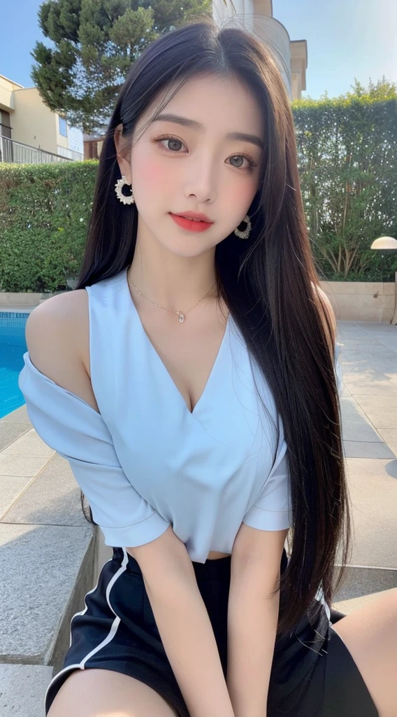 (best qualityer, 8K, Masterpiece artwork:1.3)), A pretty maiden,puros,melon seed face,Kind and cute,Um dolce sorriso,Pure Desires,Lean height,(The street),(Tilt your head),looking directly at the camera,uniforms, inner strength, formal,Long silky black, slickedback hair,Long hair falling over the shoulders,The large, round-cropped, 黑The eye,big and clear eyes,Hydrated red lips,dolce,gorgeous necklace,delicate earrings,Sitting on the edge of the pool,com blue sky e nuvens brancas,blue sky , big boobies , breasts showing , no censure , porn