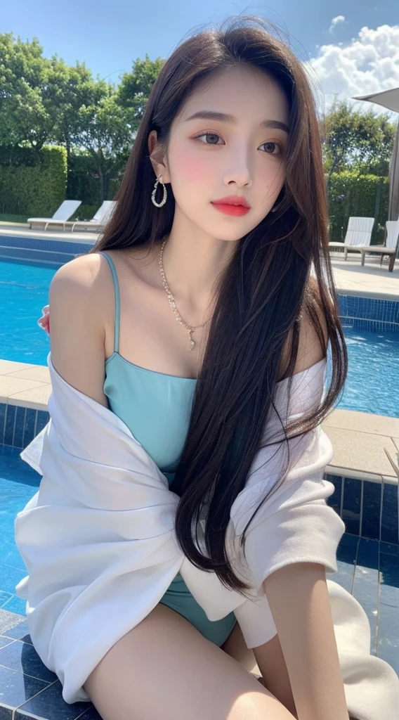 (best qualityer, 8K, Masterpiece artwork:1.3)), A pretty maiden,puros,melon seed face,Kind and cute,Um dolce sorriso,Pure Desires,Lean height,(The street),(Tilt your head),looking directly at the camera,uniforms, inner strength, formal,Long silky black, slickedback hair,Long hair falling over the shoulders,The large, round-cropped, 黑The eye,big and clear eyes,Hydrated red lips,dolce,gorgeous necklace,delicate earrings,Sitting on the edge of the pool,com blue sky e nuvens brancas,blue sky , big boobies , breasts showing , no censure , porn