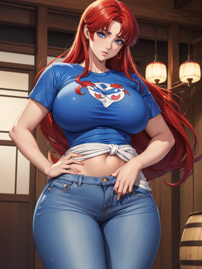 (ranma chan) (ranma saotome)(1solo)(1girl)((Solo)) ((Masterpiece)) ((High Quality)) (slim thick)((Perfect Face)) ((Huge Breasts)) ((Wide Hips)) ((Narrow Waist)) ((Beautiful)) ((Redhead)) ((Long Hair)) ((Light Skin)) ((Cute Nose)) ((BLue Eyes)) ((Young)) ((Transparent Tee Shirt)) ((Jeans))