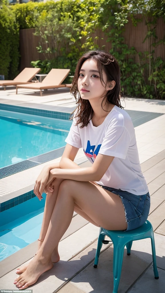 A 23-year-old woman sits by the pool after swimming in her T-shirt, Sitting facing the pool, I'm sitting there with a wet T-shirt on, Realistic photos , (A beautiful Japanese woman) , Long Hair, No makeup, No makeup, bashful, small breasts, String Bikini, Wearing only bikinis on the lower half of the body, A full-body horizontal photo, Face facing the viewer, Looking at the viewer with a shy smile, Canon EOS Clear Facial Features, 16K, High resolution, Sharp and realistic details, Exposure, interrupt, 超High resolution, High resolution, Highest quality
