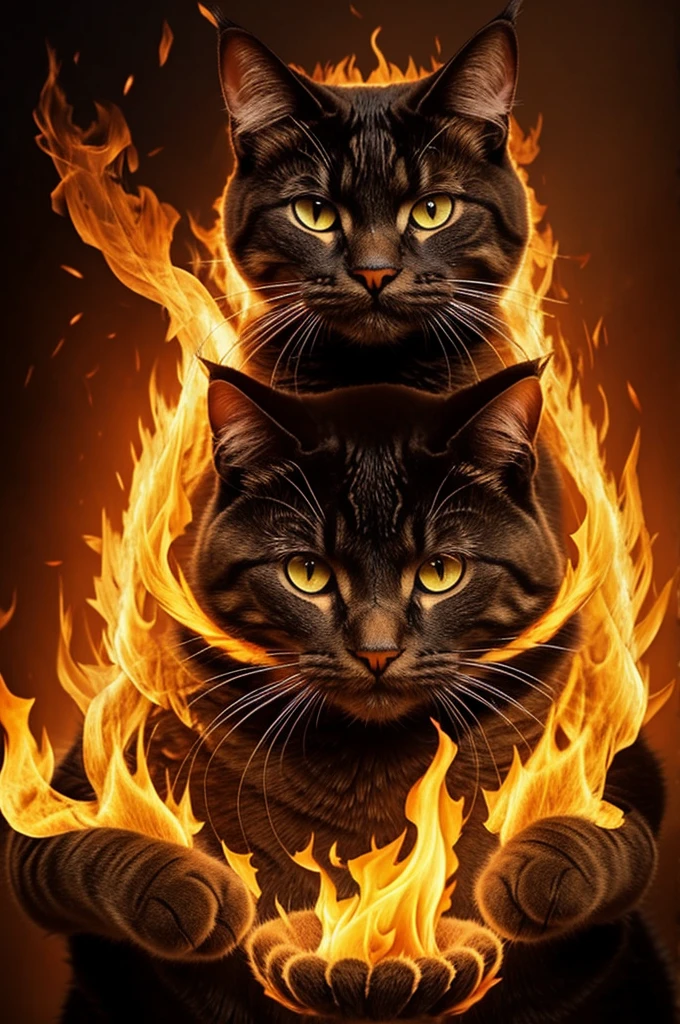 Imagine the head of a cat, with a smiling and friendly expression. However, en lugar de tener el típico fur de un gato, his head is covered with living flames, as if her hair were fire. Of these flames that form your "fur" two fists also made of fire emerge, as if the fire took the form of closed hands in a gesture of strength or attack.
