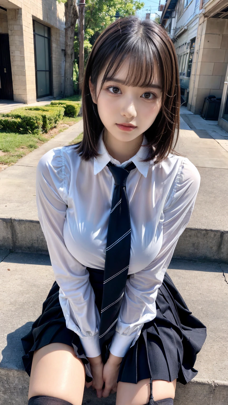 (8K, RAW Photos, Highest quality, masterpiece:1.2), masterpiece, super detailed, super high quality, (Realistic and photorealistic photography:1. 37), High-resolution RAW color photos, Very delicate and beautiful, highly detailed, 8k wallpaper, wonderful, detailed, Very eye, very detailed, very detailed skin, very thin fingers, very detailed nose, very detailed mouth, Perfect Anatomy, BREAK,18 year old girl, moped, short hair, bangs, emphasize breasts, huge breasts, colossal tits, very huge round breasts, beauty legs, (Spread your legs:1.2), (Open your legs:1.2), Hands between legs, (perfect body shape:1.1), Big Natural Color Lip, Small and round face, cute type, (Details High quality, realistic depiction of eyes:1.3), Beautiful makeup, glitter makeup, BREAK, skirt, socks, black socks, pleated skirt, kneehighs, white shirt, blue necktie, long sleeves, vest, collared shirt, BREAK, (sitting on a step:1.2), bold sexy pose