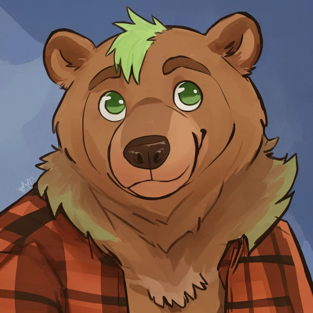 a anthropomorphic and muscular grizzly bear with green hair, closed smile, dressed with a lumberjack shirt, high quality furry art, cute.