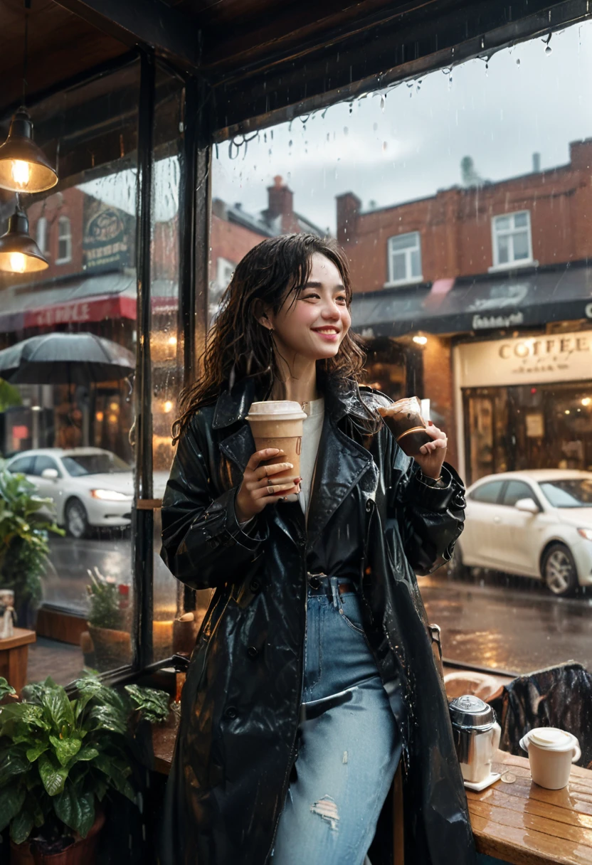 (Black Trench Coat), A figure wearing a black windbreaker is drinking alone by the window of a vintage coffee shop. The outside is drizzling rain, while the interior lighting is dim but warm. The figure wears a smile and looks to enjoy this peaceful night. The background is a vintage coffee shop and the rain outside the window, (Photography), panoramic view, award-winning, cinematic still, emotional, vignette, dynamic, vivid, (masterpiece, best quality, Professional, perfect composition, very aesthetic, absurdres, ultra-detailed, intricate details:1.3)