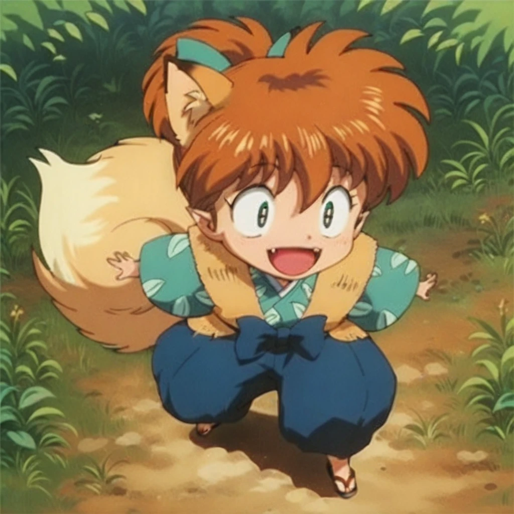 Shippo happy, blond fox ears, sandals, forest