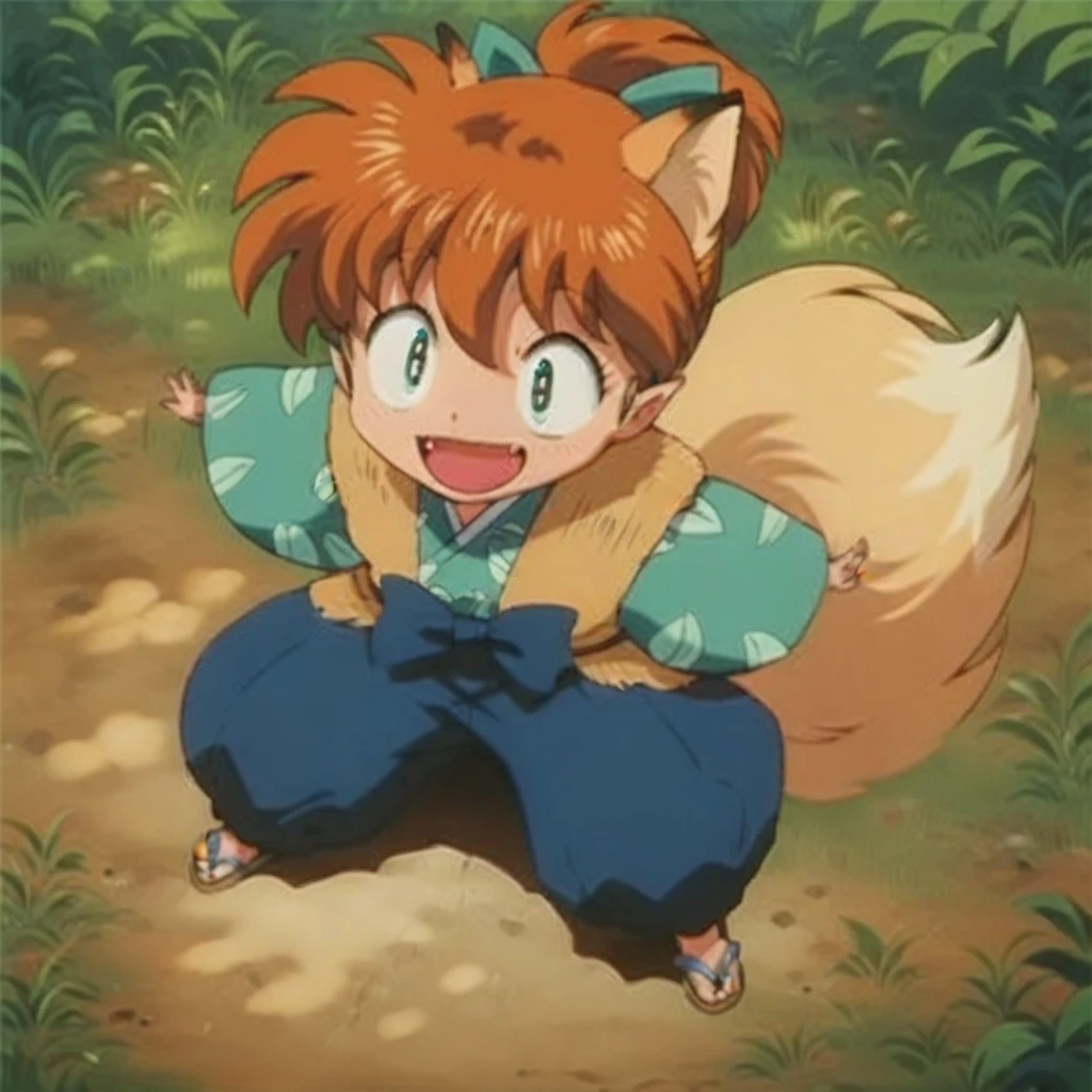 Shippo happy, blond fox ears, sandals, forest