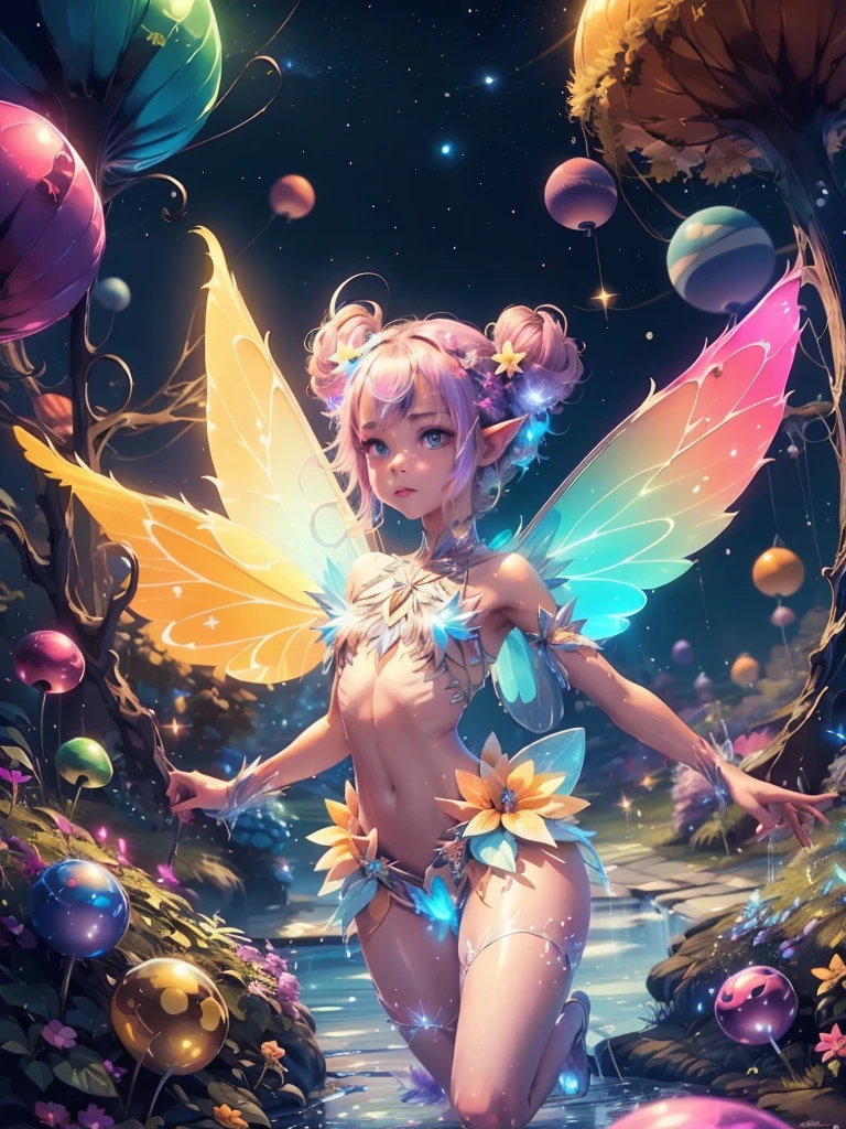 ((Masterpiece)), (((Top quality))), ((Ultra definition)), ((Many tiny fairies: 1.2)), ((Minimal glowing fairies: 1.1)), ((Shining wings 1.1) ), (Flapping Feathers), ((Fairy Fountain)), ((Multicolored Balls of Light)), Fairy Fountain, Night, Sharp Focus, Depth of Field, ((Fantasy)), Tiny Luminous Fairy, Luminous bodies, colorful luminous wings, luminous clothing, luminous fairy, glowing body, colorful glowing wings, glowing clothes, glitter