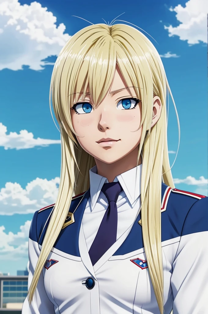 Screenshot of my hero academia vhica anime blonde okos cllor sky blue more or less long hair with the ua uniform