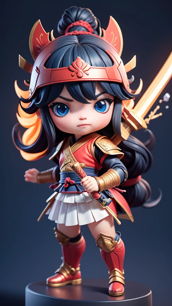 3D vector art, fantasy art, Bokeh, digital painting, gentle light, Three-dimensional style, 8k resolution, Virtual rendering, High detail cleaning, Vector images, photorealistic masterpiece, professional photography, simple white background,The background has no unnecessary decorations.。 isometric, Very detailed、 ของเล่นรูปBig head 3 มิติสำหรับผู้ชาย, （（Big head））(((3 years old))), （toddler）Nendoroid 3D,， เป็นสาวBig head，（（red coat）），front view。((like full body))。black hair。Braid 2 strands。There was no special hair loss.. He wore a red samurai helmet on his head., (Red helmet），samurai helmet，（One hand holds a long weapon.）。Glittering with metallic luster.。martial arts postures for self defense。Chinese Kung Fu style。The action is bold.。Hands with 5 fingers, Correct posture for holding weapons.big blue eyes。(Long eyelashes). cute and cute