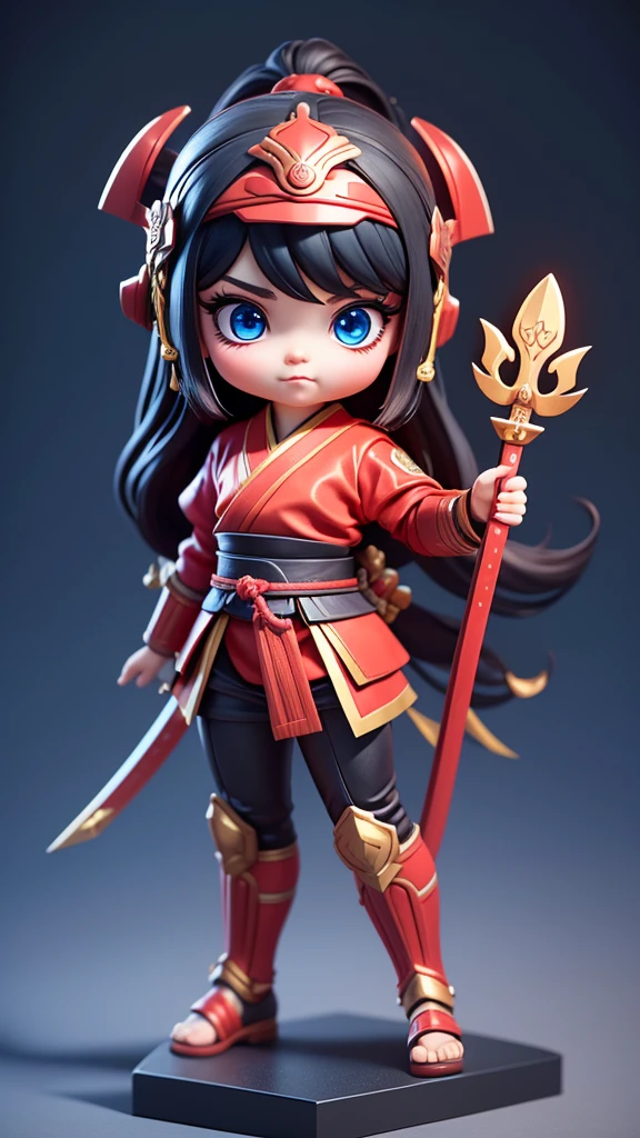 3D vector art, fantasy art, Bokeh, digital painting, gentle light, Three-dimensional style, 8k resolution, Virtual rendering, High detail cleaning, Vector images, photorealistic masterpiece, professional photography, simple white background,The background has no unnecessary decorations.。 isometric, Very detailed、 ของเล่นรูปBig head 3 มิติสำหรับผู้ชาย, ((Big head))((())), (toddler)Nendoroid 3D,, เป็นสาวBig head,((red coat)),front view。((like full body))。black hair。Braid 2 strands。There was no special hair loss.. He wore a red samurai helmet on his head., (Red helmet),samurai helmet,(One hand holds a long weapon.)。Glittering with metallic luster.。martial arts postures for self defense。Chinese Kung Fu style。The action is bold.。Hands with 5 fingers, Correct posture for holding weapons.big blue eyes。(Long eyelashes). cute and cute
