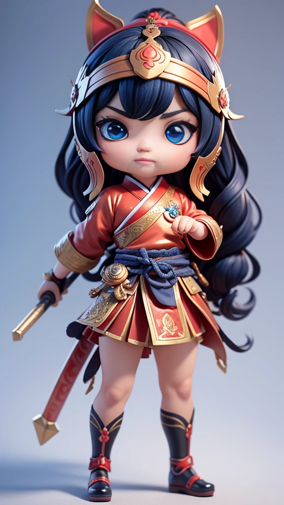 3D vector art, fantasy art, Bokeh, digital painting, gentle light, Three-dimensional style, 8k resolution, Virtual rendering, High detail cleaning, Vector images, photorealistic masterpiece, professional photography, simple white background,The background has no unnecessary decorations.。 isometric, Very detailed、 ของเล่นรูปBig head 3 มิติสำหรับผู้ชาย, ((Big head))(((3 years old))), (toddler)Nendoroid 3D,, เป็นสาวBig head,((red coat)),front view。((like full body))。black hair。Braid 2 strands。There was no special hair loss.. He wore a red samurai helmet on his head., (Red helmet),samurai helmet,(One hand holds a long weapon.)。Glittering with metallic luster.。martial arts postures for self defense。Chinese Kung Fu style。The action is bold.。Hands with 5 fingers, Correct posture for holding weapons.big blue eyes。(Long eyelashes). cute and cute