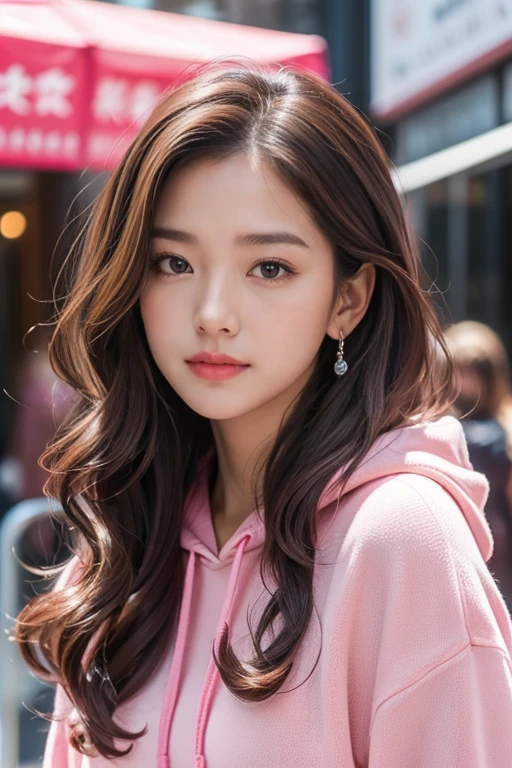 highest quality、4K、Perfect Face、Perfect Style、perfect body、Sunburn、beautiful lady、mature、long curly layer brown hair、Swept-back hair、full body, sexy 、charming、healthy、pink hoodie, cherry pierce