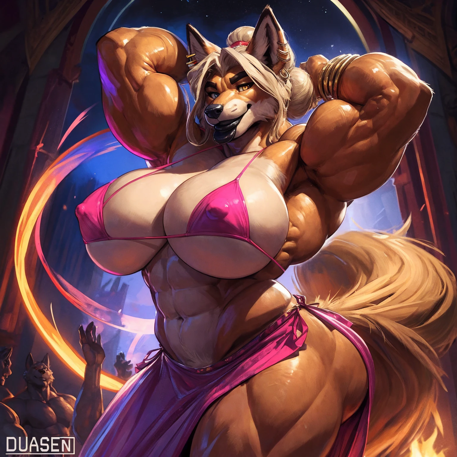 uploaded to e621.net, masterpiece, 8k, fox, (female:1.3), blonde, long hair, (topknot:1.2), genie, (huge bottom lip:1.2), black lip gloss, accurate hands, (pink micro bikini top:1.2), pink sarong wrap, huge breasts, nipple outline, large areolae, hyper hips, gold jewelry, ear piercings, hands behind head, dancing, magic display, smiling, golden eyes, buff, muscular, bodybuilder, jacked, by darkgem, by duase,