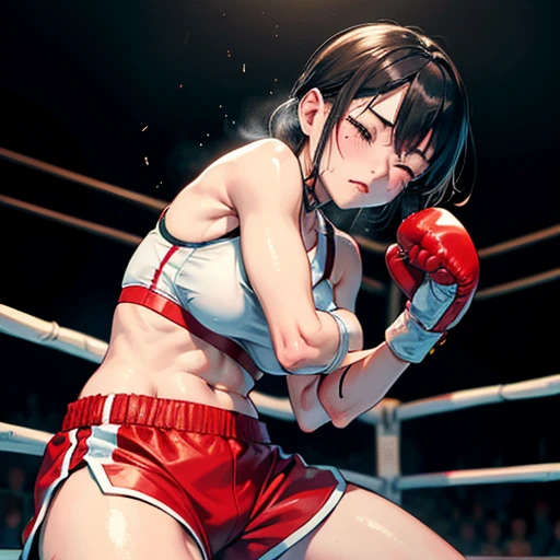 A Japanese female boxer covered in wounds。Sitting on his buttocks, leaning against the ring ropes。Both arms are caught in the ring ropes。Sweating a lot。One eye closed, out of breath。Drooling。Boxing gloves。Sports Bra。High leg shorts。