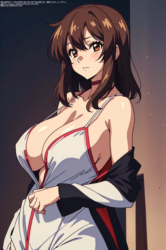 (masutepiece, Best Quality, High resolution:1.5, anime colours, megami magazine:1.2, anime poster style, anime keyvisual, sharp, 8k, photorealistic), (beautiful detailed eyes:1.5, beautiful detailed face:1.2), Murrue Ramius, 1 woman, red eyes, blush, milf, wife, sexy, (brown hair, medium hair, bangs), (sagging huge breasts:1.5), (camisole:1.2, no bra), cowboy shot, standing, (Perfect detailed Anatomy, beautiful detailed hair, beautiful detailed body:1.2, shiny skin), (thick outline, Beautiful outlines, black outlines), simple background:1.5
