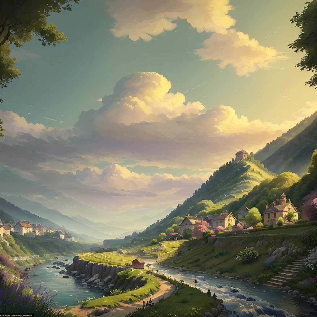 ((best quality)), ((masterpiece)), (detailed), a beautiful, a set of train tracks run through a lush fantasy landscape, a small village sits near a river bank in the distance, gorgeous fantasy landscape, stunning world, in the style of video game concept art