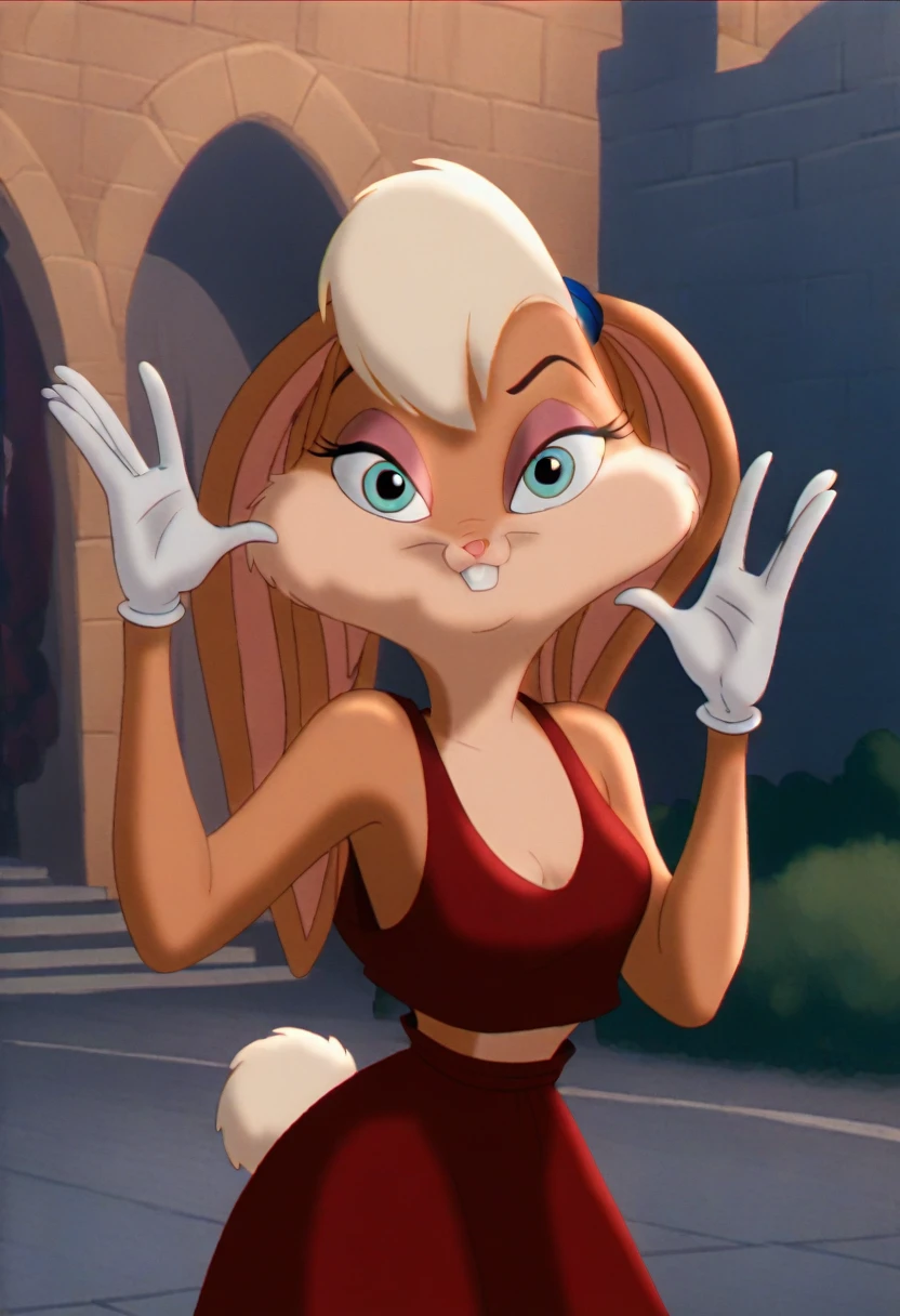 lolabunny, 1girl, solo, furry female, rabbit ears, rabbit girl, animal nose,white gloves,  blue eyes, body fur, standing, tail, buck teeth,cowboy shot,smile,looking at viewer, luxury golden castle, score_9, score_8_up, score_7_up, score_6_up, score_5_up, score_4_up   , sexy red gown