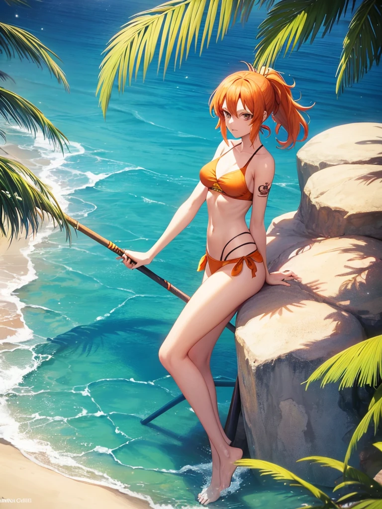 nami, one piece, orange, hair, sexy, hot, tall, shoulder tattoo, orange eyes, ponytail, tropical blue bra, ocean, palm trees, beach, long hair, loincloth, loincloth, 1girl, whore, slut, hoe, 18, solo, lei, wearing a blue loincloth, sideboob, medium sized , skinny, long legs, solo, onegirl, 1girl, 