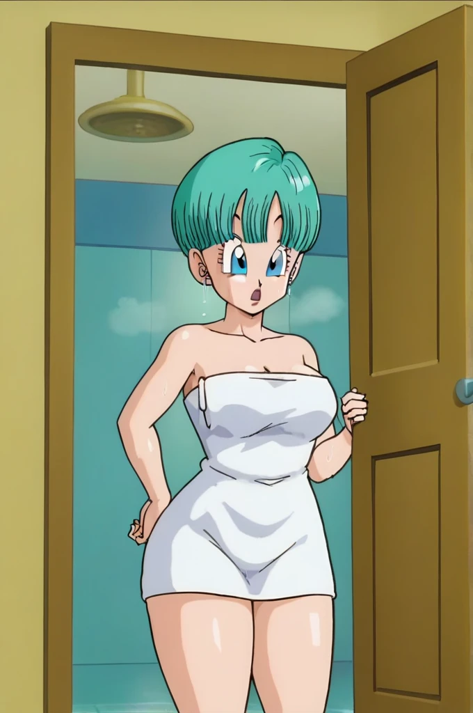 source_anime, score_9, score_8_up, score_7_up, anime screencap, bulma buu saga, big breasts, thick thighs, wide hips, big ass
buu saga, aqua hair, very short hair, bowl cut, blue eyes, wearing bath towel, wet hair, shocked, open mouth, indoors, door, dark room, wet skin, large ass, big booty,