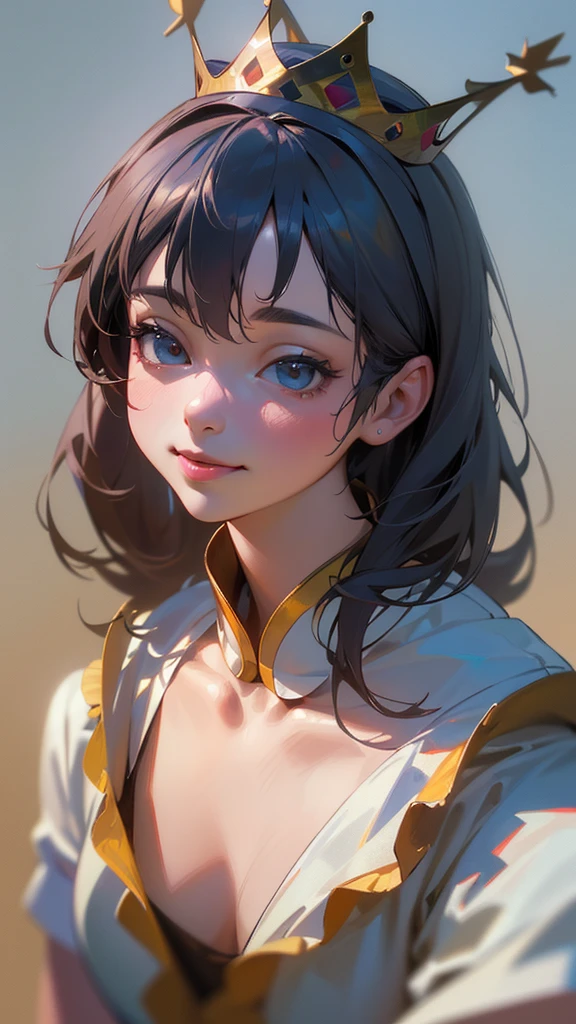 (8K, RAW Photos, Highest quality, masterpiece:1.2), (Realistic, photo-Realistic:1.37), Super detailed, Ultra-high resolution, Tutuyu, 1 Girl,View your viewers,smile, ((wear a crown on one&#39;s head)), Queen, Beautiful attention to detail,  (Floating Hair), Detailed clothing,Mini skirt Dress armor Skin texture, Cinema Lighting, Professional Lighting,Eyes are hearts