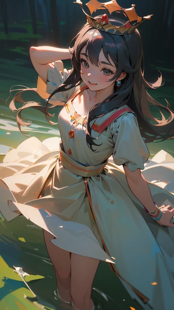(8K, RAW Photos, Highest quality, masterpiece:1.2), (Realistic, photo-Realistic:1.37), Super detailed, Ultra-high resolution, Tutuyu, 1 Girl,View your viewers,smile, ((wear a crown on one's head)), Queen, Beautiful attention to detail, (Floating Hair), Detailed clothing,Mini skirt Dress armor Skin texture, Cinema Lighting, Professional Lighting,Eyes are hearts