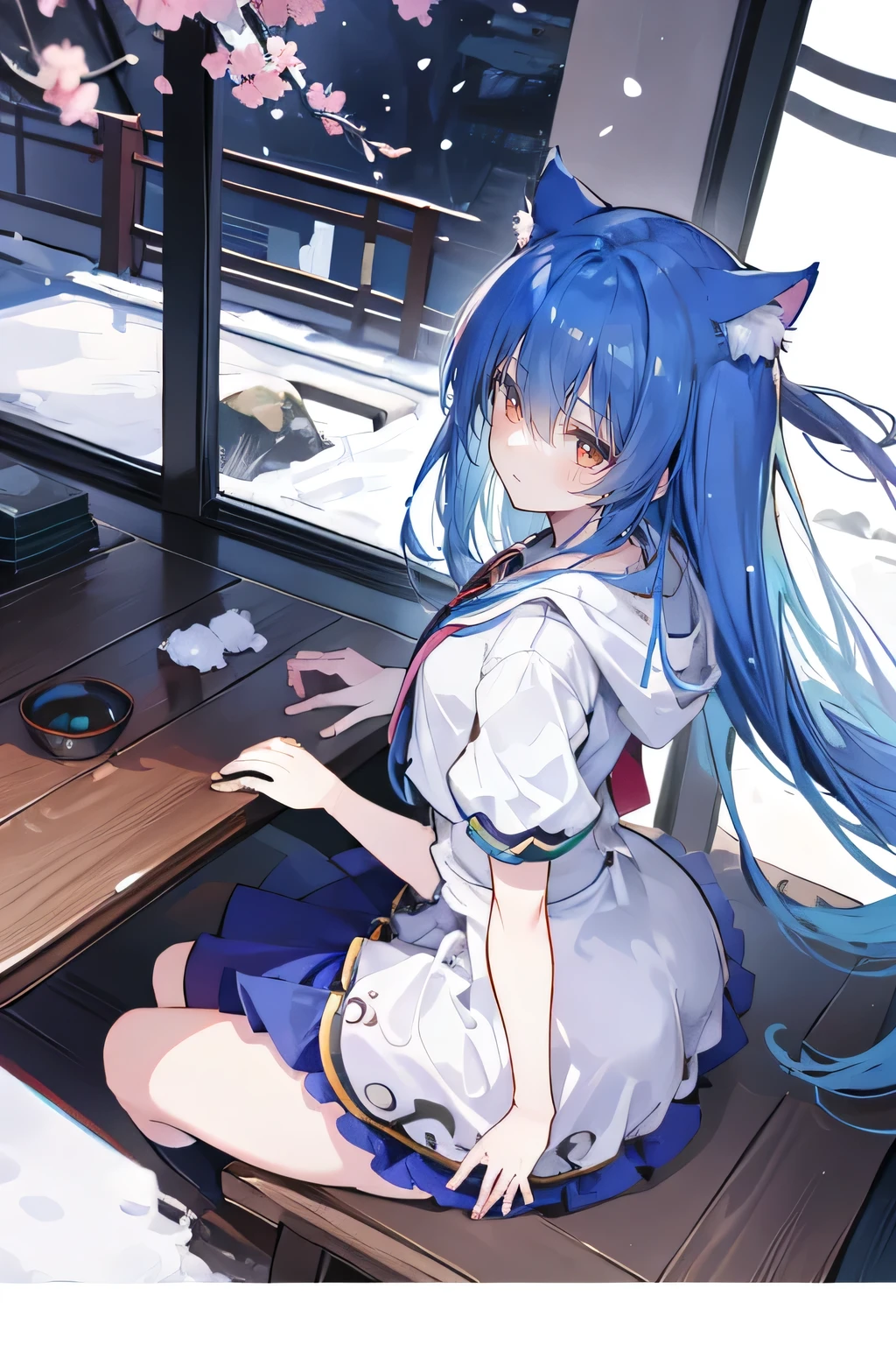 (masterpiece:1.2),Super detailed,lifelike,Expressive eyes,fair skin,perfect face shape,1 girl,
Japanese comics,Gorgeous blue hair,flowing blue hair,flowing clothes,Cat ears,Petals fall,beautiful lola,Baby Angel,
Cross your legs,Gentle and peaceful background,The pavilion is cool and comfortable,smile, wearing hoodie, background of tokyo,back views,snowing, winter.