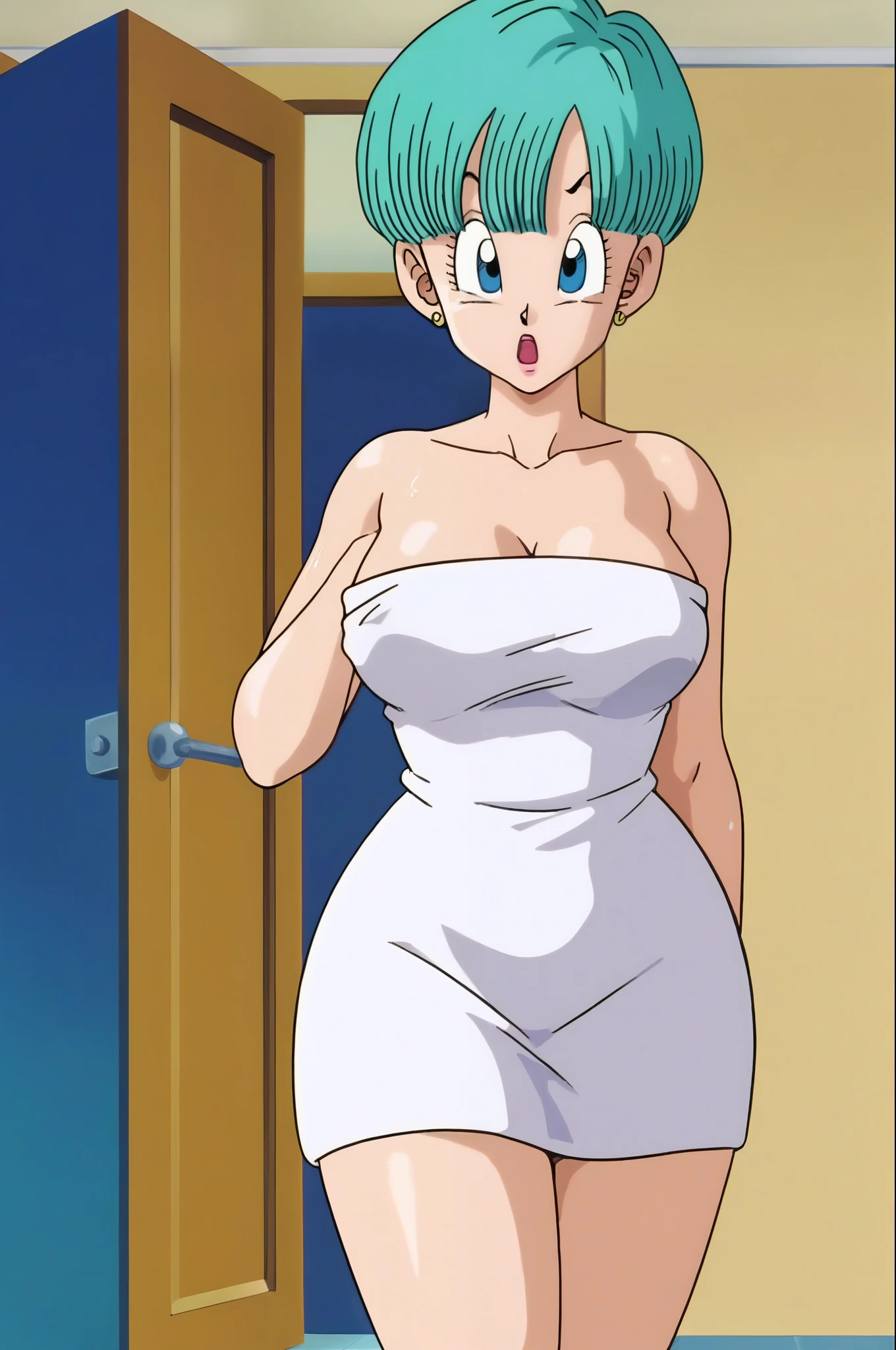 source_anime, score_9, score_8_up, score_7_up, anime screencap, bulma buu saga, big breasts, thick thighs, wide hips, big ass
buu saga, aqua hair, very short hair, bowl cut, blue eyes, wearing bath towel, wet hair, shocked, open mouth, indoors, door, dark room, wet skin, large ass, big booty,