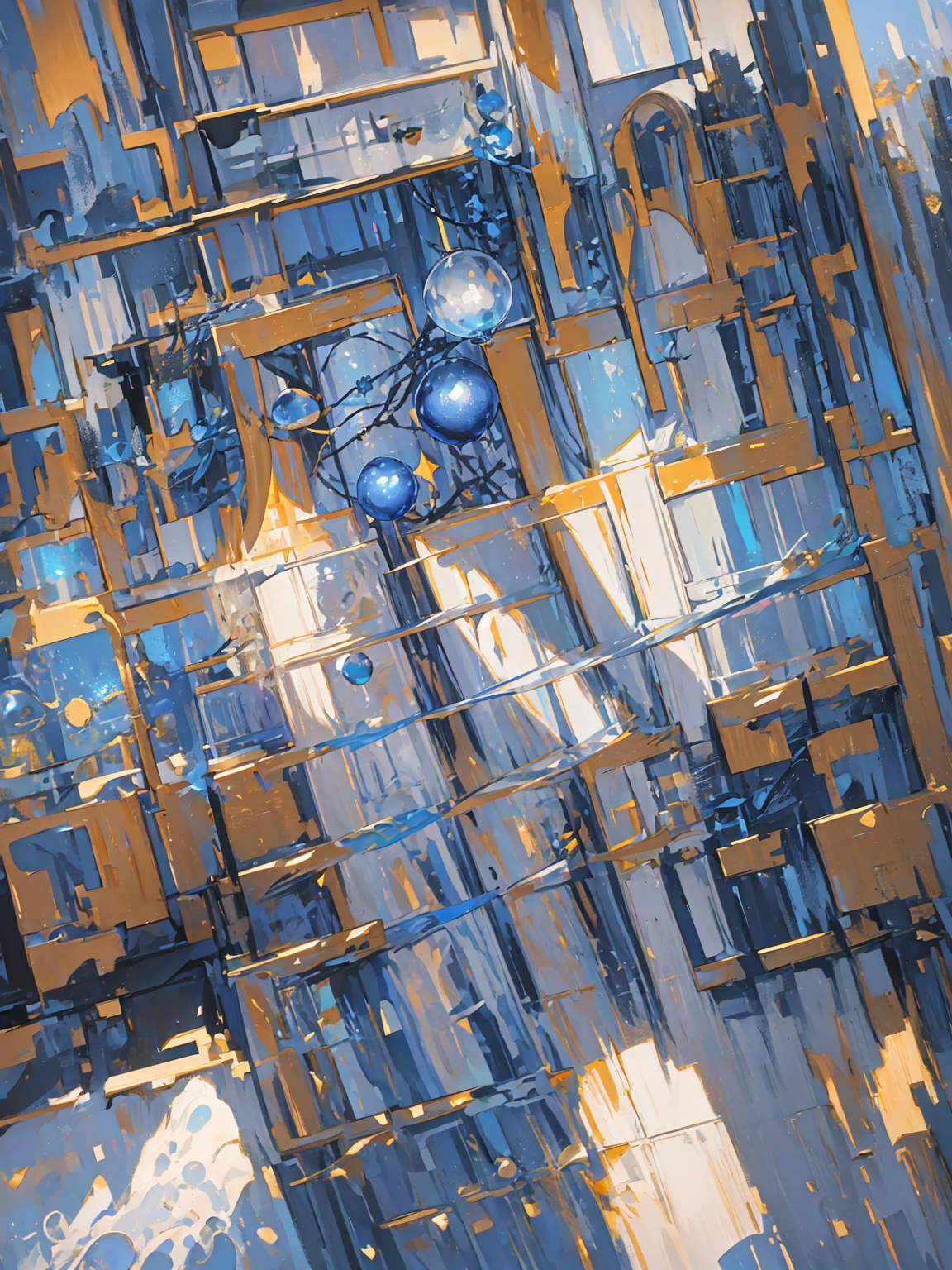 A world in dreams,fantastic townscape, Blue World, Poured Light, Sparkling glass balls