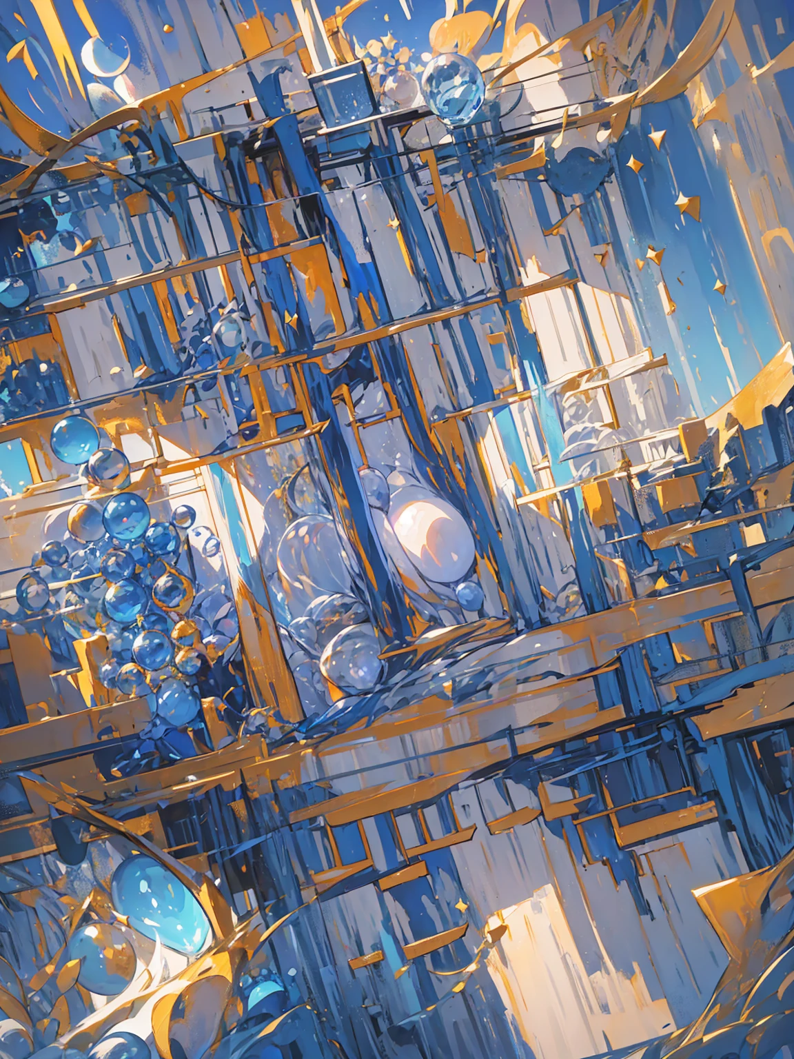 A world in dreams,fantastic townscape,  Blue World, Poured Light, Sparkling glass balls