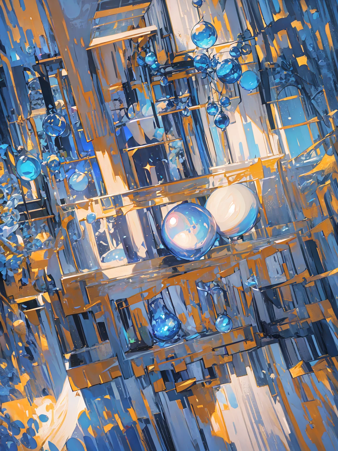 A world in dreams,fantastic townscape,  Blue World, Poured Light, Sparkling glass balls