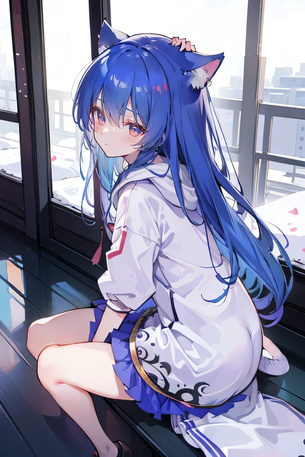 （masterpiece：1.2），Super detailed，lifelike，Expressive eyes，fair skin，perfect face shape，1 girl，
Japanese comics,Gorgeous blue hair,flowing blue hair,flowing clothes,Cat ears,Petals fall,beautiful lola,Baby Angel,
Cross your legs，Gentle and peaceful background，The pavilion is cool and comfortable,smile, wearing hoodie, background of tokyo,back views,snowing, winter.