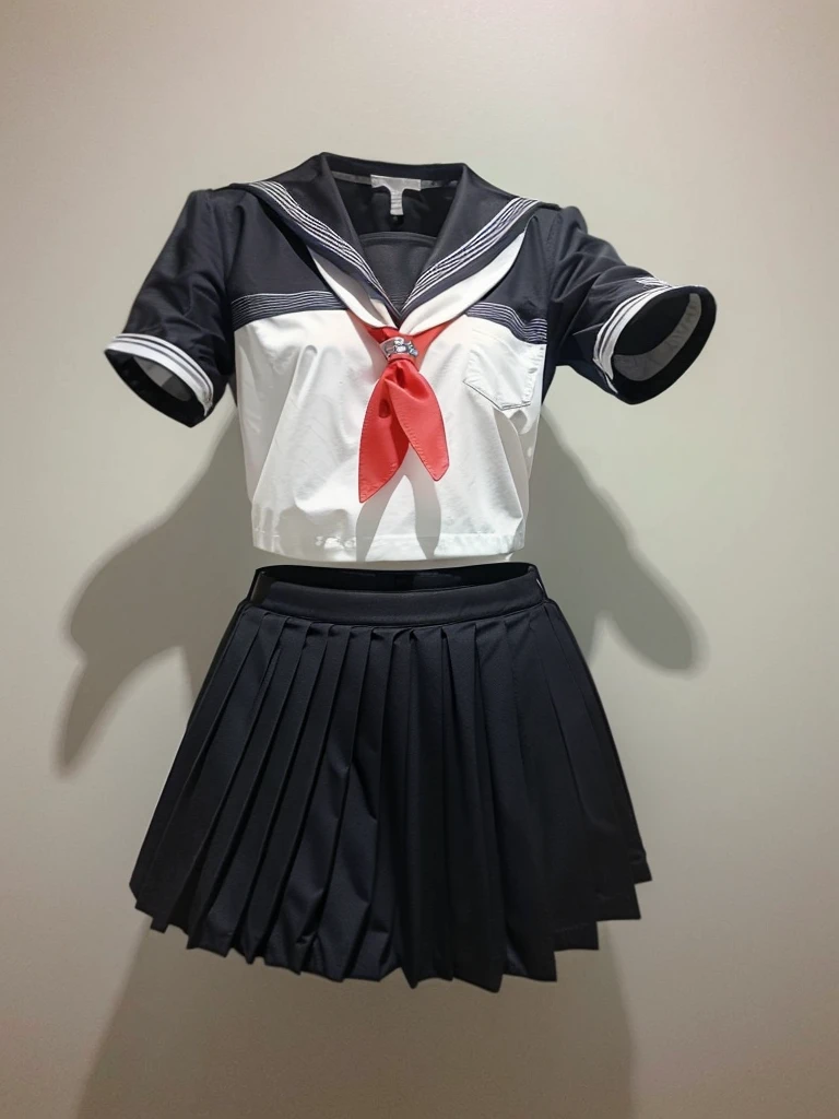 school sailor suit, highly detailed, 1girl, solo, skirt, pleated skirt, neckerchief, covered navel, red neckerchief, shirt, blue skirt, breasts, from above, sailor collar, white shirt, bed sheet, no shoes, short sleeves, on bed, (invisible, no human, headless, handless:1.5), (8k, RAW photo, best quality, masterpiece:1.2), (realistic, photo-realistic:1.37), photon mapping, radiosity, ((Hasselblad photography)), physically-based rendering