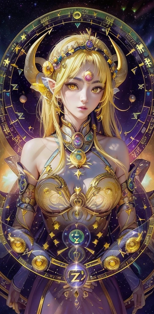1 27-year-old girl, 1 zodiac goddess from the future, goddess of the pink and purple 12 zodiacs, the goddess of the zodiac in a yellow ao dai, a 12 zodiac ao dai with many black lace detail, mythology Goddess of the 12 zodiacs from the future, zodiac ♏, luxurious glittering zodiac style, dark and mysterious version, zodiac crown, lipstick lips red, thin and beautiful lips, don't smile, keep your mouth shut, characters made by karol bak and pino daeni, intricate detail, detailed background, extremely detailed, light magic, a woman, clear face, look at the face of goddess zodiac look at the zodiac goddess face, moderately large breasts, round breasts, Big and round breasts, hair long with bangs, beautiful face in detail and well-proportioned eyes, (transparent yellow eyes: 1.8), big round eyes and very beautiful and detailed makeup, foresight, silk dress, mysterious makeup, Bangles, double bangs and dyed light blonde, upper body, (zodiac goddess upper body: 1.9), arms hanging loosely, Realistic and vivid photo, (stars make up the zodiac: 1.7), (sky background zodiac and fictitious space and time portal: 1.8), fiction art, RAW photo, hanfu picture, best photo, high_res, best quality, best photo quality, 8k quality, 8k ultra, super realistic, real photo most economical, artistic portrait of goddess zodiac, 1 symbol of 12 zodiac signs on the back, single portrait of 1 zodiac goddess, The most realistic color scheme, the best photo color, masterpiece, hair ornament, necklace, jewelry, Beautiful face, upon body, tyndall effect, photo realistic, dark studio, rim lighting, two tone lighting, (high detailed skin:1.2), 8k uhd, dslr, soft lighting, high quality, volumetric lighting, candid, Photograph, high resolution, 4k, 8k quality, Bokeh, Smooth and sharp, increase the pixel by 10x, Charming zodiac goddess, sexy zodiac goddess, (background space:1.8), (galaxy: 1.7), aurora, lightning, (Auroral Background: 1.8),(Virgo zodiac sign: 1.8), <lora:locon_perfecteyes_v1_from_v1_