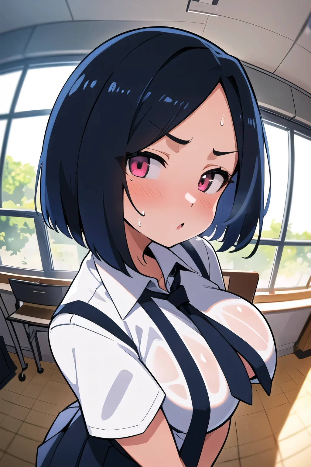 1 Female, Age 20,whole body,Standing,Staring at the audience,Shiny black hair,Black Bob,Class President,((face)), In the heat, Sulky face, Pink Eyes,Big Boobs, White shirt,Navy blue tie,High quality anime, Vulgar,(90s Anime), ((Sweat)), Mastepiece, Ultra High Quality, High resolution, 8K, background:live-action,background:Super Real,background:Photographic school classroom,Window,sunlight,((Fisheye Lens)),backgroundボケ,(Low - Angle),