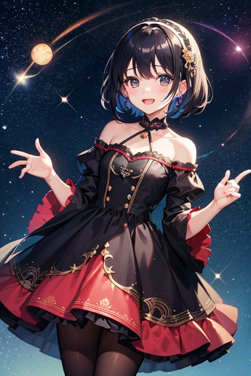 Highest quality、1 person、Black Hair、iris、short hair、girl、cute、16 years old、、Small Hair Band、Idol Costumes、Bright colored dresses、Wearing black pantyhose、Look up at the starry sky、The expression is a happy smile、Open your mouth a little、Astronomical Observation、night、