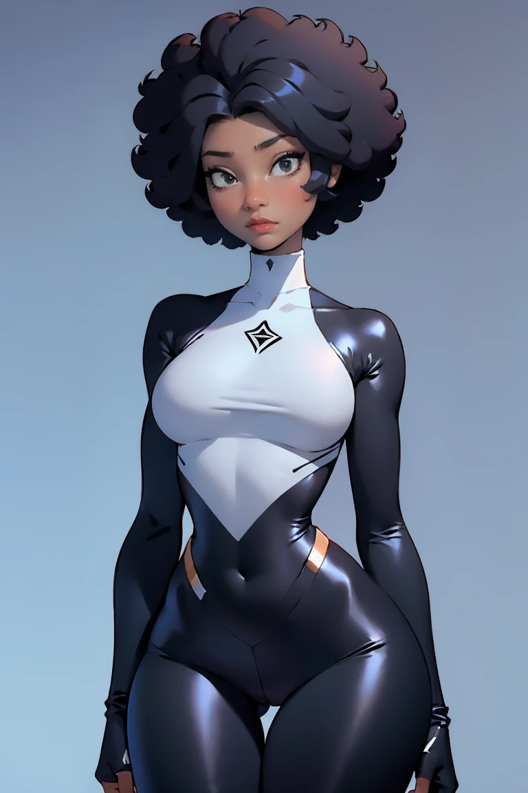 afro american girl, black skin, afro haircut, 1 girl, solo, (black leggins) (turtleneck), medium bust, wide hips