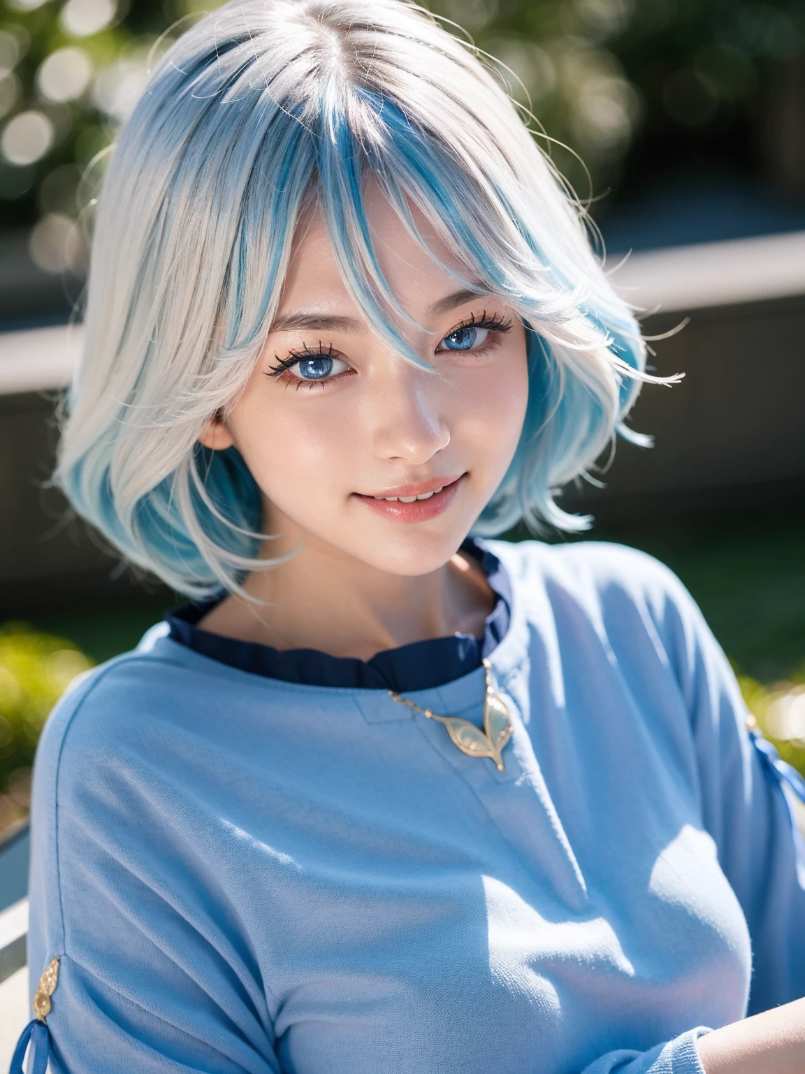 Furina from Genshin Impact, 18 years old girl, (Raw photo, Best Quality), (Realistic, Photorealsitic:1.3), masterpiece, Extremely delicate and beautiful, Soft light, (beautiful white and blue hair, Shoulder-length straight hair swaying in the wind), Beautiful detailed girl, (Detailed fingers), extremely detailed eye and face, beautiful detailed nose, Beautiful detailed eyes, 1 girl, Japanese, Neat and clean beauty, Cute, young, (big breasts), Realistic face, Realistic body, cute smile, full body view, sitting on the bed