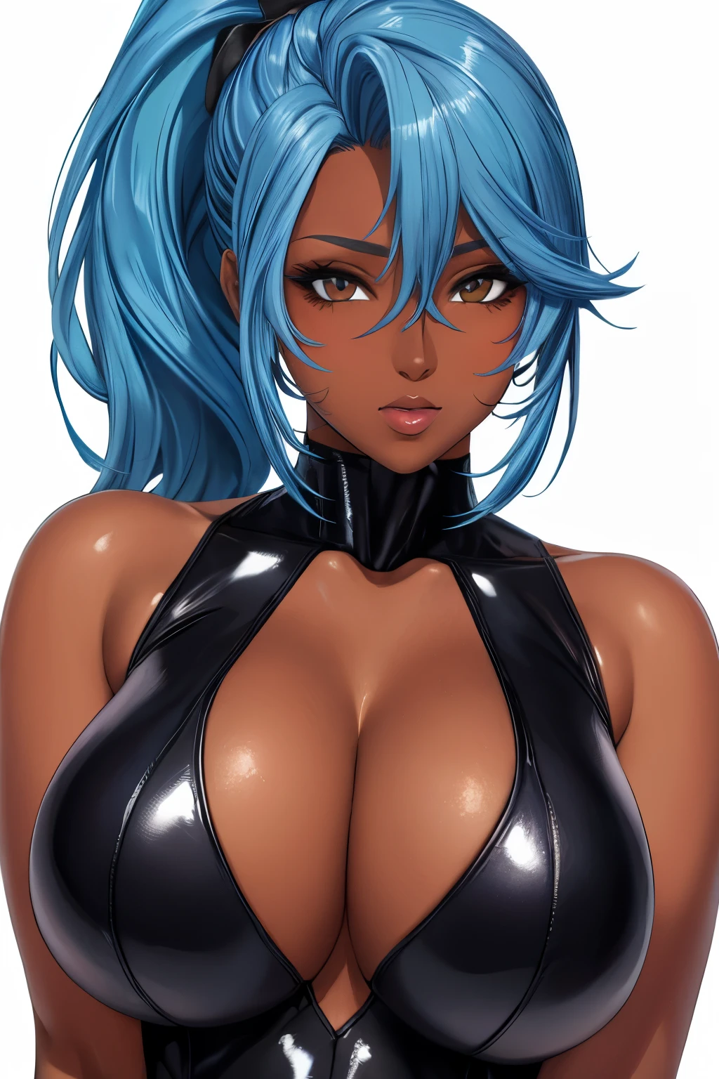 Long Hair,Light blue hair,ponytail,(Hair on one eye:0.8),(Dark Skinned female:1.2), (Dark Skin:1.1),Bodysuits,Big Breasts,Shiny skin,White background