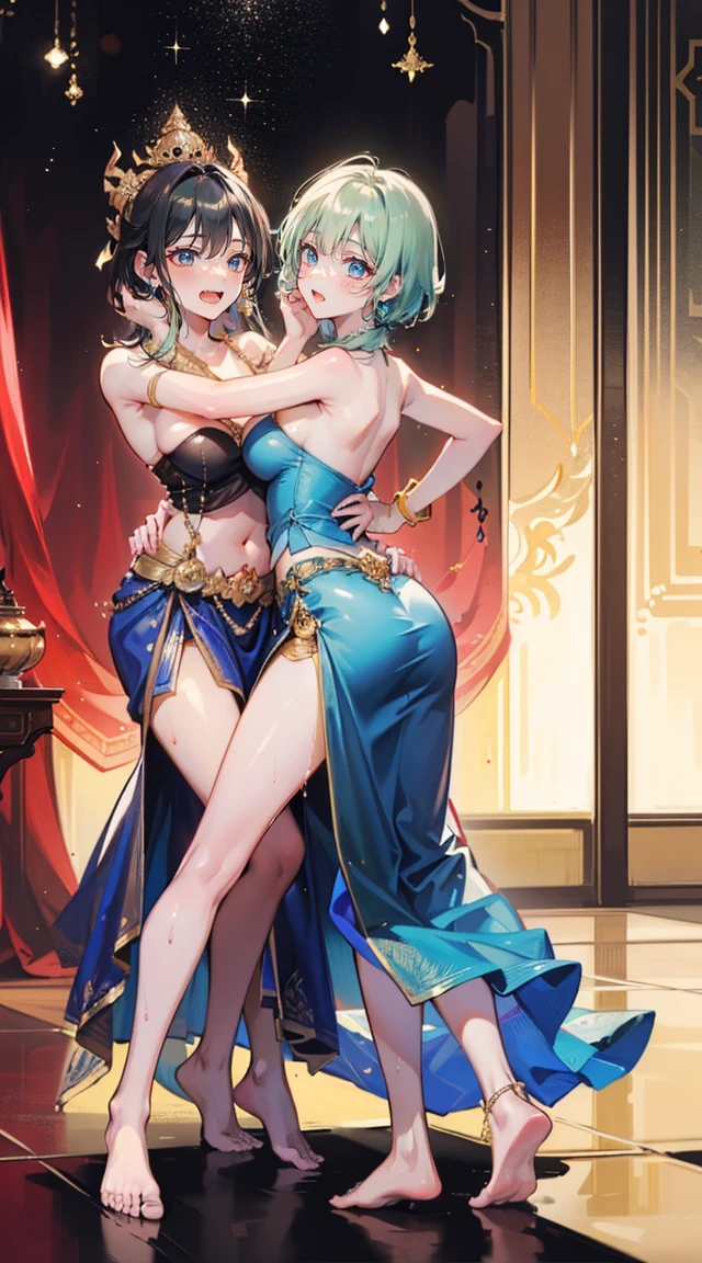 (2 young women ,beautiful woman),(เด็กหญิงshyุ 20 ปี)，smile，(light green short hair)，nobility，(princess)，blue student，Tall figure，((Strapless Thai dress))，low skirt，(Strapless Thai dressที่noทีสาย)，ta skirt，Show your legs，Barefoot，red carpet，prom website，(nobility)，(titsใหญ่),(Various positions),Highest quality、Highest picture quality、Masterpiece,, ,(((Navel drive,dance,dance,Thai dance))), (there&#39;noมีอะไรปิดบังจิ๋ม.), (noมีกางเกงชั้นใน), (very good:1.2), (shy:1.2), (wet:1.2),  (feel sexually happy:1.6), (แยกชุดโชว์tits:1.4),fully naked, no, สมบูรณ์แบบtits, tits, big girl,rift, visible chest, Show your breasts, open chest,((bare breast:1.37)), ฉันเห็นtitsโป่งพ,(large areolae:1.4,pink,titsมองเห็นได้ชัดเจน..)