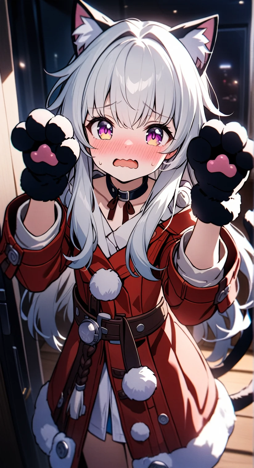 cinematic lighting, best quality, masterpiece, highres, detailed, perfect anatomy, clara \(honkai: star rail\), cat ears, cat tail, paw gloves, paw pose, indoor, blushing, open mouth, wavy mouth