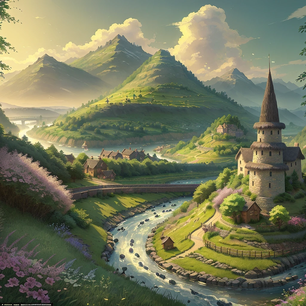 ((best quality)), ((masterpiece)), (detailed), a beautiful, a set of train tracks run through a lush fantasy landscape, a small fantasy village sits near a river bank in the distance, fantasy village, railroad, gorgeous fantasy landscape, stunning world, in the style of video game concept art