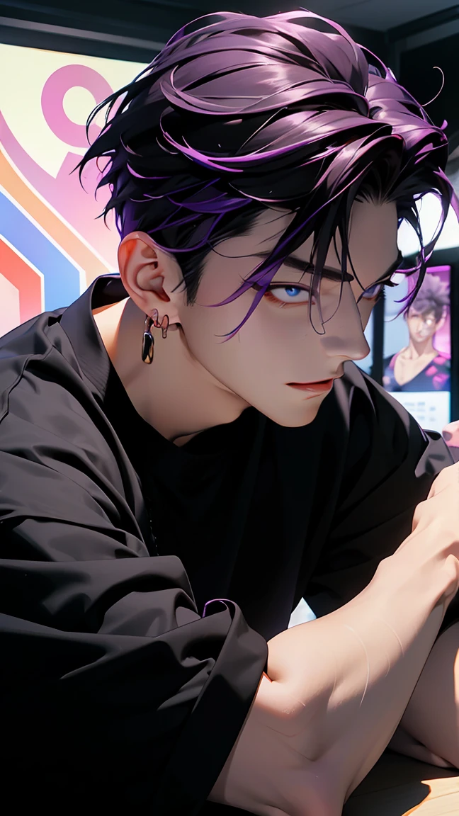 highest quality, 8K, high resolution image, anime style Jujutsu Kaisen, (Iori_suiseki), detailed strokes, bored look , blurred, purple light reflecting from it, (close angle), 1 man, young, male, model, hand in pocket, cool guy, multicolored Background with various geometric shapes, around stickers, muscular,Black hair, purple eyes, multicolored hair, purple hair, hair between eyes, highlighted hair ,swollen chest, er trägt ein weißes einfaches t-Shirt ein schwarze jogginghose und eine goldene Gliederkette, sweatpants, Background: he's in a sports station, there are sports fans everywhere,