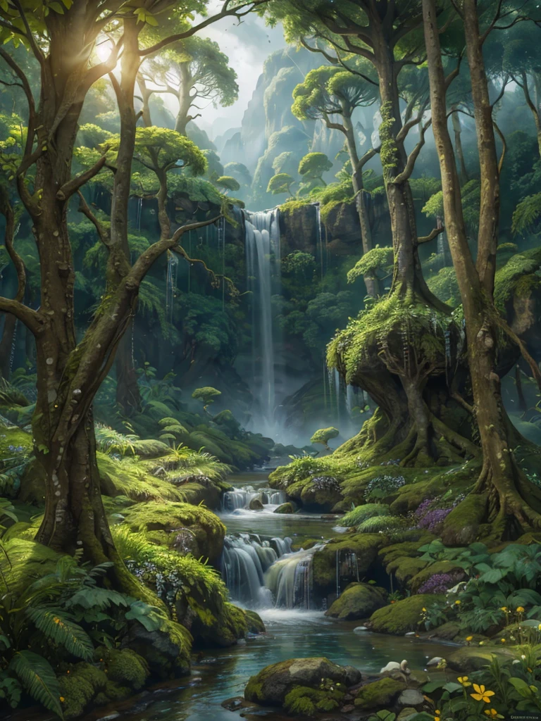 Masterpiece, best quality, 8K, high res, ultra-detailed,  amongst lush greenery, no humans, beautiful view, ultra-detailed, fine detailed, highly detailed, intricate, highly detailed, ultra-detailed, scenery, no humans, misty atmosphere, solitary, intricate details, delicate features, verdant trees, soft moss, deep forest, intricate leaves and vines, wisps of light, verdant green,wild nature oil painting