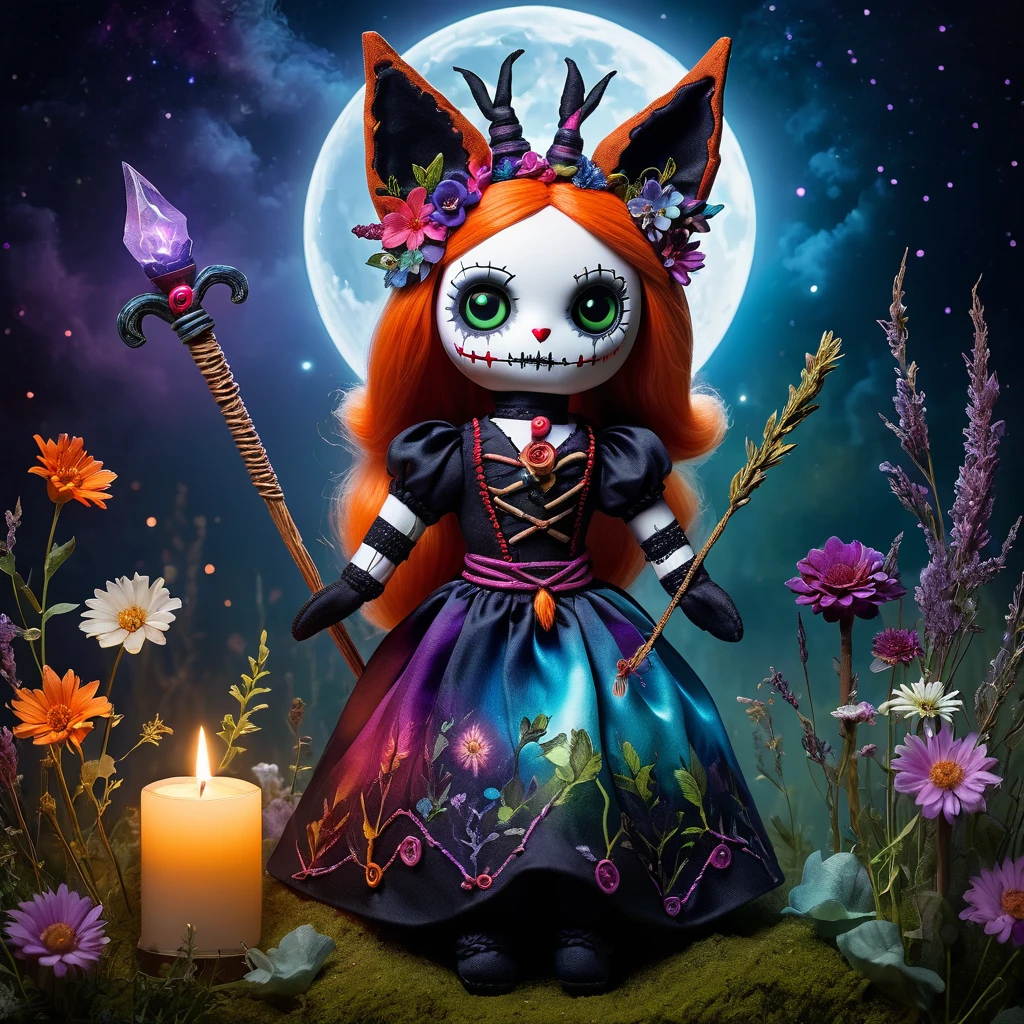 (knitted toy voodoo doll:1.9), (Voodoo Fox:1.3), (Moon Witch:1.3), (Clothing: moonlit cloak with arcane symbols:1.0), (Accessories: enchanted staff emitting silver light, levitating spectral herbs:1.1), (background: misty meadow with floating flowers, glowing plants, and spectral lights:1.2), best quality, masterpiece, detailed soft oil painting, detailed background, dramatic cinematic lighting, soft edge lighting, professional, dramatic lighting, hard edge lighting, ultra quality, 4k, masterpiece, best quality, 8k, ultra high definition, high resolution, extremely detailed