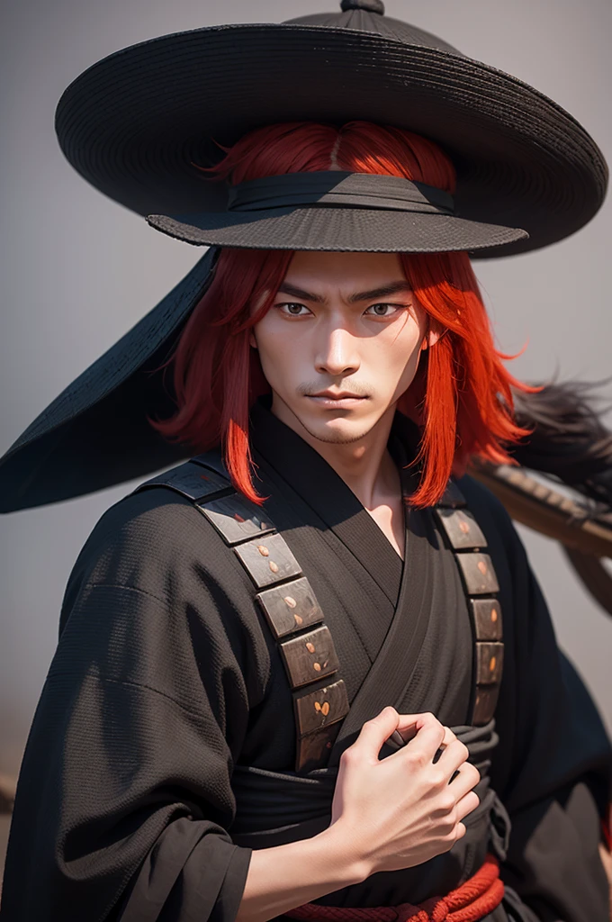 a samurai in a black straw hat with red hair covering his eyes from a pixel art style role-playing game
